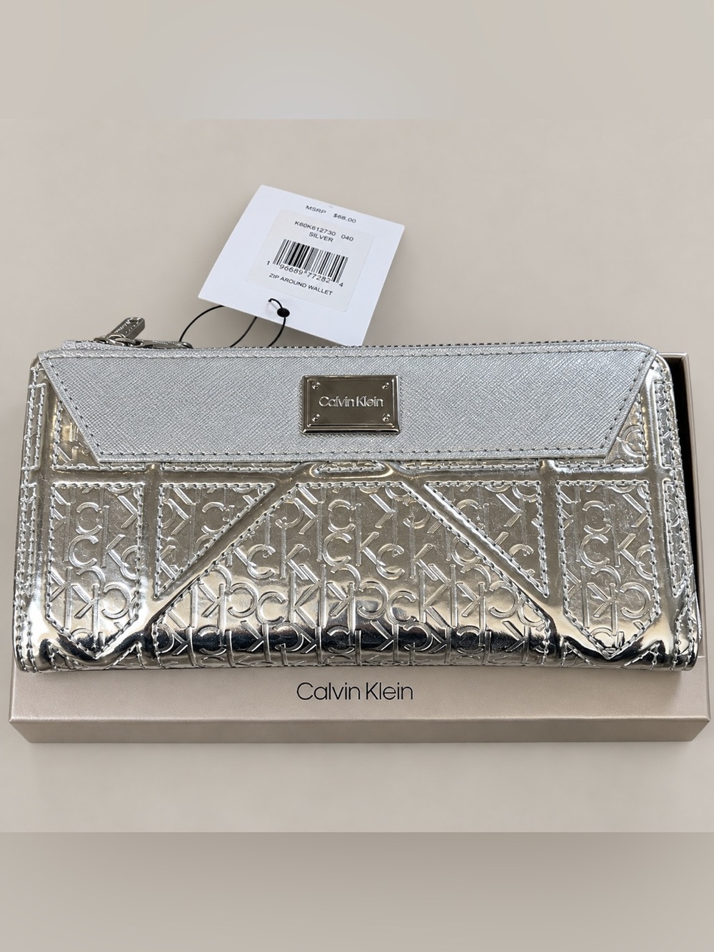 NWT Calvin Klein Silver Metallic Quilted Zip Around Wallet Monogram